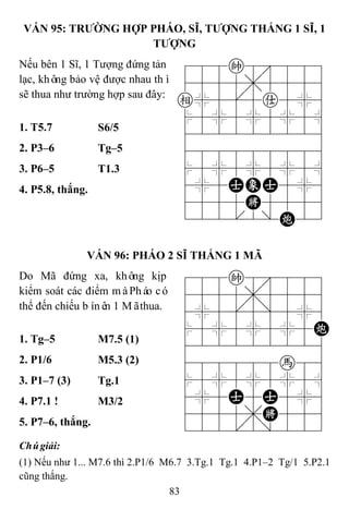 83
VÁN 95: TRƢỜNG HỢP PHÁO, SĨ, TƢỢNG THẮNG 1 SĨ, 1
TƢỢNG
Nếu bên 1 Sĩ, 1 Tượng đứng tản
lạc, không bảo vệ được nhau thì
sẽ thua như trường hợp sau đây:
788k8889
4555,5556
e%5[5a5%6
$5%5%5%5^
422222226
488888886
$5%5%5%5^
4%5AEA5%6
4555K5556
122.2/C23
1. T5.7 S6/5
2. P3–6 Tg–5
3. P6–5 T1.3
4. P5.8, thắng.
VÁN 96: PHÁO 2 SĨ THẮNG 1 MÃ
Do Mã đứng xa, không kịp
kiểm soát các điểm màPháo có
thể đến chiếu bínên 1 Mãthua.
788k8889
4555,5556
4%5[5]5%6
$5%5%5%5C
422222226
488888h86
$5%5%5%5^
4%5A5A5%6
4555,K556
122.2/223
1. Tg–5 M7.5 (1)
2. P1/6 M5.3 (2)
3. P1–7 (3) Tg.1
4. P7.1 ! M3/2
5. P7–6, thắng.
Chúgiải:
(1) Nếu như 1... M7.6 thì 2.P1/6 M6.7 3.Tg.1 Tg.1 4.P1–2 Tg/1 5.P2.1
cũng thắng.
 