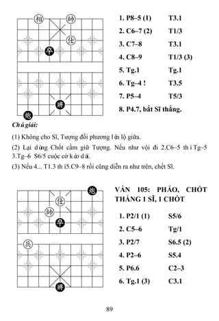 89
78e=8k889
4555,5556
4%5[5a5%6
$5%P%5%5^
422222226
488888886
$5%5%5%5^
4%5;5'5%6
4555K5556
1C2.2/223
1. P8–5 (1) T3.1
2. C6–7 (2) T1/3
3. C7–8 T3.1
4. C8–9 T1/3 (3)
5. Tg.1 Tg.1
6. Tg–4 ! T3.5
7. P5–4 T5/3
8. P4.7, bắt Sĩ thắng.
Chúgiải:
(1) Không cho Sĩ, Tượng đối phương lên lộ giữa.
(2) Lại dùng Chốt cầm giữ Tượng. Nếu như vội đi 2.C6–5 thìTg–5
3.Tg–6 S6/5 cuộc cờ kéo dài.
(3) Nếu 4... T1.3 thì5.C9–8 rồi cũng diễn ra như trên, chết Sĩ.
788=88C9
4555a5556
4%5k5]5%6
$5%5P5%5^
422222226
4p8888886
$5%5%5%5^
4%5;5'5%6
4555,5556
122.K/223
VÁN 105: PHÁO, CHỐT
THẮNG 1 SĨ, 1 CHỐT
1. P2/1 (1) S5/6
2. C5–6 Tg/1
3. P2/7 S6.5 (2)
4. P2–6 S5.4
5. P6.6 C2–3
6. Tg.1 (3) C3.1
 