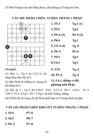 93
(5) Nhờ Tượng này mới thắng được, nếu không có Tượng thìhòa.
VÁN 109: PHÁO, CHỐT, TƢỢNG THẮNG 1 PHÁO
788c8889
455k,5556
4%5[5]5%6
$5%5P5%5^
422222226
C88888886
$5%5%5%5^
4%5;EK5%6
4555,5556
122.2/223
1. T5.3 Tg.1 (1)
2. P9.2 Tg/1
3. P9–6 (2) P4–5 (3)
4. P6/4 Tg.1
5. C5–6 (4) Tg–5
6. P6–5 P5–6
7. P5/1 Tg/1
8. C6.1 Tg/1
Chúgiải:
(1) Nếu 1... Tg–5 thì2.C5–6 rồi
cũng thua như chú số 3.
(2) Đổi Pháo thìthắng rõ, nhưng là
để chiếm lộ 6.
9. T3/5 Tg–4
10. P5–6 Tg–5
11. C6.1, thắng vì đối
phƣơng mất Pháo.
(3) Nếu đi 3... Tg–5 thì4.P6/5 P4.4 5.C5–6 P4–1 6.C6.1 P1–2
7.P6–5 P2.3 8.Tg/1 P2.1 9.Tg/1 rồi thối Tượng, thắng.
(4) Chiếm lấy lộ xung yếu để Pháo phối hợp với Tượng đánh lộ giữa.
VÁN 110: PHÁO CHỐT KHUYẾT TƢỢNG THẮNG 1 PHÁO
1. S5.6 P7–8
2. S6.5 P8–7
3. P4–2 P7–8
 