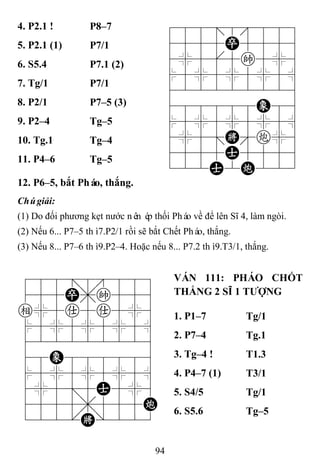 94
4. P2.1 ! P8–7 788=8889
4555P5556
4%5[5k5%6
$5%5%5%5^
422222226
488888E86
$5%5%5%5^
4%5;K'c%6
4555A5556
122A2C223
5. P2.1 (1) P7/1
6. S5.4 P7.1 (2)
7. Tg/1 P7/1
8. P2/1 P7–5 (3)
9. P2–4 Tg–5
10. Tg.1 Tg–4
11. P4–6 Tg–5
12. P6–5, bắt Pháo, thắng.
Chúgiải:
(1) Do đối phương kẹt nước nên ép thối Pháo về để lên Sĩ 4, làm ngòi.
(2) Nếu 6... P7–5 thì7.P2/1 rồi sẽ bắt Chết Pháo, thắng.
(3) Nếu 8... P7–6 thì9.P2–4. Hoặc nếu 8... P7.2 thì9.T3/1, thắng.
788=8889
455P,k556
e%5a5a5%6
$5%5%5%5^
422222226
48E888886
$5%5%5%5^
4%5;5A5%6
4555,555C
122.K/223
VÁN 111: PHÁO CHỐT
THẮNG 2 SĨ 1 TƢỢNG
1. P1–7 Tg/1
2. P7–4 Tg.1
3. Tg–4 ! T1.3
4. P4–7 (1) T3/1
5. S4/5 Tg/1
6. S5.6 Tg–5
 