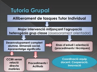 Alliberament de tasques Tutor Individual
Major intervenció mitjançant l’agrupació
heterogènia grup classe (assessorament orientador)
Desenvolupament complert
alumne. Dimensió social.
Aprenentatge significatiu
CCBB sense
relació
directa
matèries
Procediments i
Actituds
Eines d’estudi i orientació
(procediments i tècniques)
Coordinació equip
docent. Cooperació.
Innovació
 