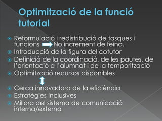  Reformulació i redistribució de tasques i
funcions No increment de feina.
 Introducció de la figura del cotutor
 Definició de la coordinació, de les pautes, de
l’orientació a l’alumnat i de la temporització
 Optimització recursos disponibles
 Cerca innovadora de la eficiència
 Estratègies Inclusives
 Millora del sistema de comunicació
interna/externa
 