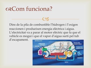 Com funciona?
                           
 Dins de la pila de combustible l’hidrogen i l’oxigen
 reaccionen i produeixen energia elèctrica i aigua.
 L’electricitat va a parar al motor elèctric que fa que el
 vehicle es mogui i que el vapor d’aigua surti pel tub
 d’escapament.
 