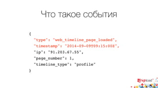 Что такое события 
{ 
"type": "web_timeline_page_loaded", 
"timestamp": "2014-09-09T09:15:00Z", 
"ip": "91.203.67.55", 
"page_number": 1, 
"timeline_type": "profile" 
} 
 