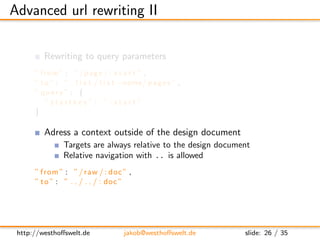 Advanced url rewriting II

         Rewriting to query parameters
      ” from ” : ” / page / : s t a r t ” ,
      ” t o ...