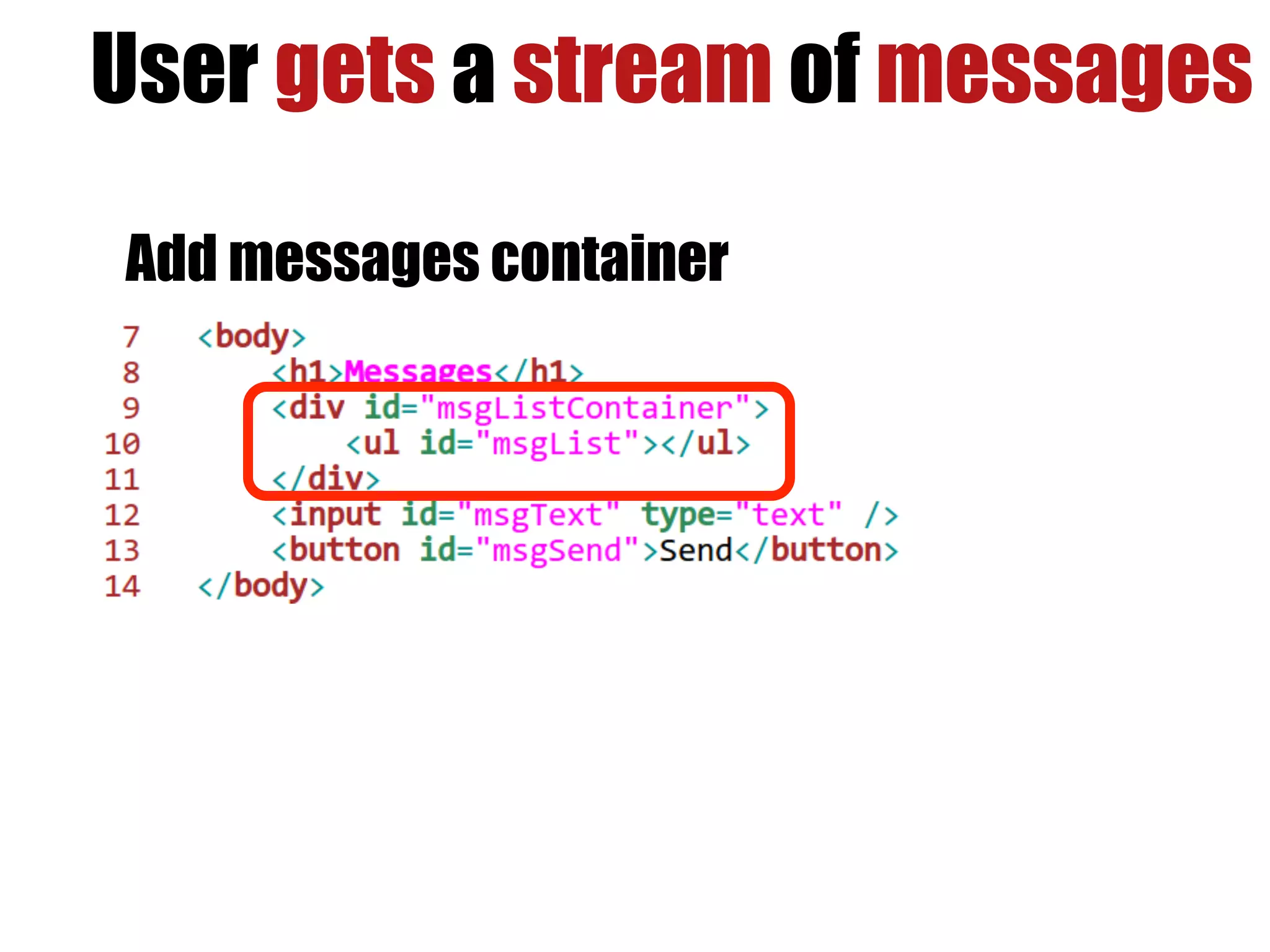 User gets a stream of messages

Add messages container
 