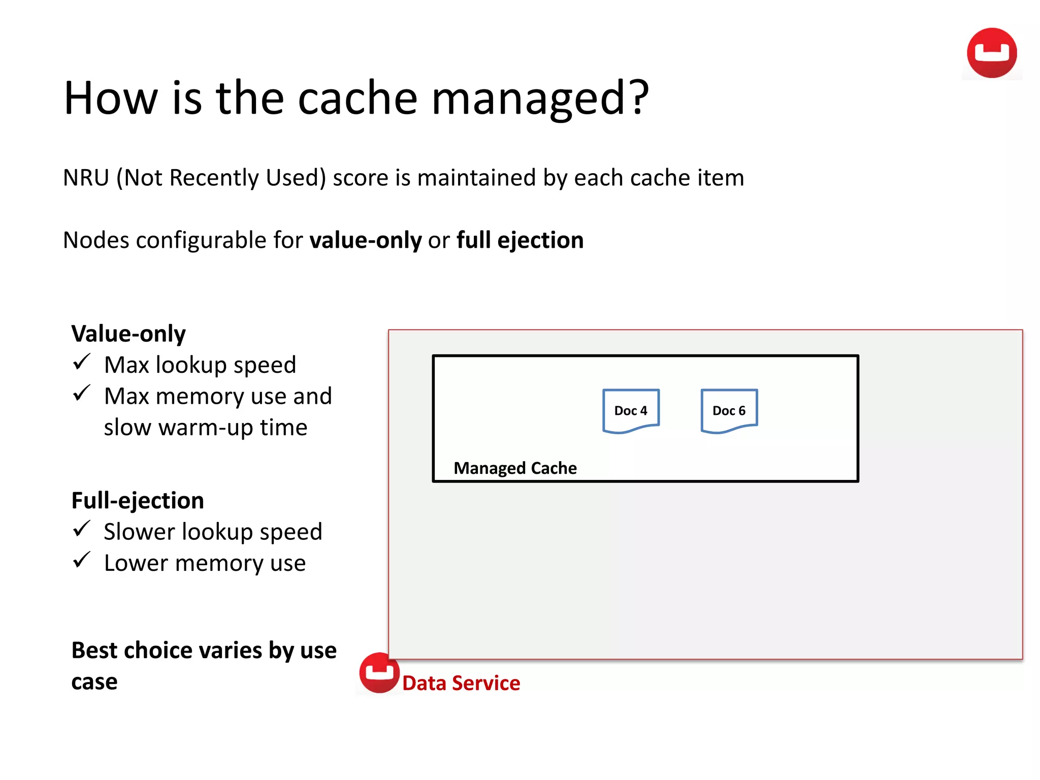 How is the cache managed?
Data Service
Managed Cache
Doc 4 Doc 6
NRU (Not Recently Used) score is maintained by each cache item
Nodes configurable for value-only or full ejection
Value-only
 Max lookup speed
 Max memory use and
slow warm-up time
Full-ejection
 Slower lookup speed
 Lower memory use
Best choice varies by use
case
 