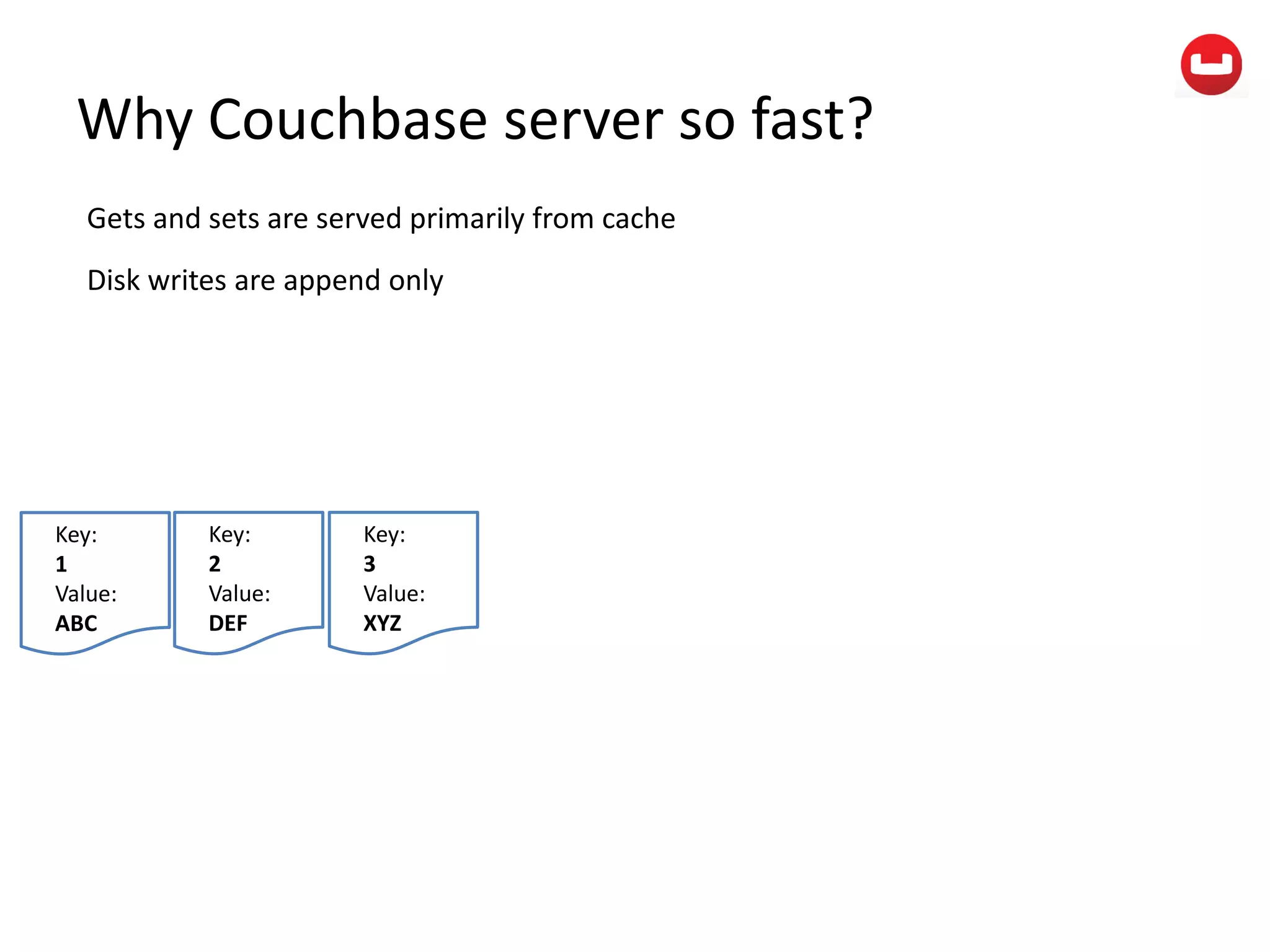 Why Couchbase server so fast?
Gets and sets are served primarily from cache
Disk writes are append only
Key:
1
Value:
ABC
Key:
2
Value:
DEF
Key:
3
Value:
XYZ
 