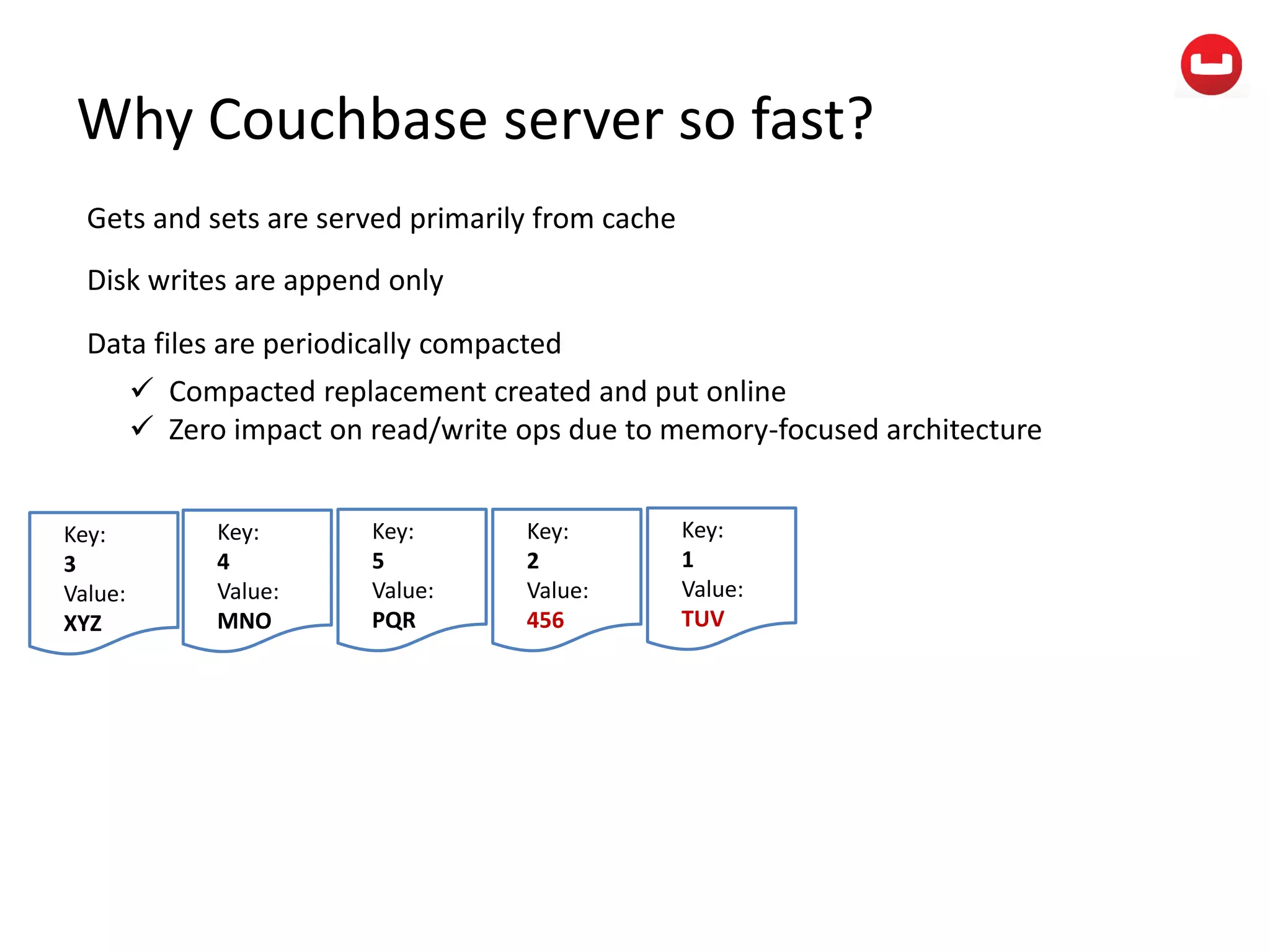 Why Couchbase server so fast?
Gets and sets are served primarily from cache
Disk writes are append only
Data files are periodically compacted
Key:
3
Value:
XYZ
Key:
4
Value:
MNO
Key:
5
Value:
PQR
Key:
2
Value:
456
Key:
1
Value:
TUV
 Compacted replacement created and put online
 Zero impact on read/write ops due to memory-focused architecture
 