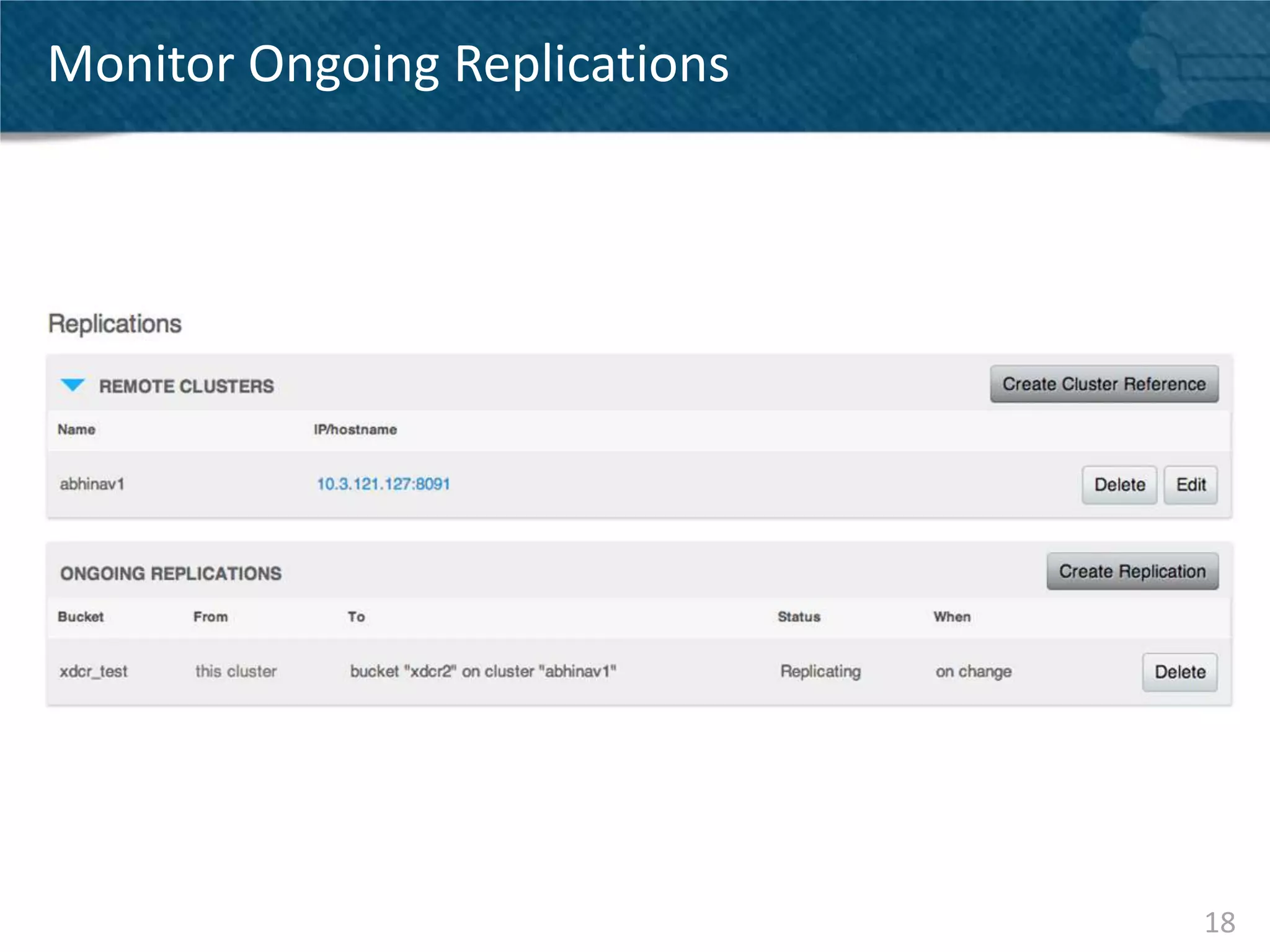 Monitor Ongoing Replications




                               18
 