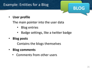 Example: Entities for a Blog
                                                BLOG
   • User profile
     The main pointer into the user data
       • Blog entries
       • Badge settings, like a twitter badge
   • Blog posts
        Contains the blogs themselves
   • Blog comments
     • Comments from other users


                                                       26
 