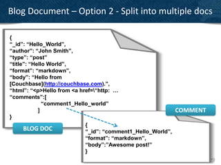 Blog Document – Option 2 - Split into multiple docs

{
{
“UUID ”: “21f7f8de-8 0 5 1-5b89 -8 6
“_id”: “Hello_World”,
“Time”: “2 0 1 1-0 4-01T13:01:02.42
“Server”: “A2223E”,
“author”: “John Smith”,
“Calling Server”: “A2213W”,
“type”: “post” ”,
“Type”: “E100
“title”: “Hello World”,
“Initiating Us er”: “ds allings @s py.net”,
“D etails ”:
“format”: “markdown”,
          {
“body”: “Hello“10.1.1.22”,
          “IP”: from
          “API”: “Ins ertDVD QueueItem”,
[Couchbase](http://couchbase.com).”,
          “Trace”: “cleans ed”,
“html”: “<p>Hello from <a href=“http: …
          “Tags ”:
                [
“comments”:[ “SERVER”,
              “comment1_Hello_world”
                “US-Wes t”,
            ] “API”
                  ]        {
                                                                   COMMENT
}         }                “UUID ”: “ 2 1 f7 f8 de-8 0 5 1 -5 b8  9 -8 6
                           “Time”: “ 2 0 1 1 -0 4 -0 1 T1 3 :0 1 :0 2.4 2
                           “Server”:    “A2 2 2 3 E”,
}
                            {
                           “Calling Server”:
                           “Type”: “E1 0 0 ”,
                                                   “A2 2 1 3 W ”,


      BLOG DOC             “Initiating Us er”: “ds allings @s py.net”,

                            “_id”: “comment1_Hello_World”,
                           “D etails ”:
                                    {
                                    “IP ”: “ 1 0 .1 .1 .2 2 ”,
                            “format”: “markdown”,
                                    “AP I”: “ Ins ertD VD QueueItem”,
                                    “Trace”: “cleans ed”,

                            “body”:”Awesome post!”
                                    “Tags ”:
                                           [
                                           “SERVER”,

                            }              “US-Wes t”,
                                           “AP I”
                                             ]
                                    }
                           }
                                                                             29
 