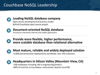 Couchbase NoSQL Leadership

    Leading NoSQL database company
    Open Source development & business model
    Behind Couchbase open source project

    Document-oriented NoSQL database
    Focused on interactive internet and mobile applications


    Provide more flexible, higher performance,
    more scalable database than relational alternative

    Most mature, reliable and widely deployed solution
    >5,000 paid production deployments worldwide, over 350 customers


    Headquarters in Silicon Valley (Mountain View, CA)
    ~100 employees including >60 in engineering/product
    >80% of commits to Couchbase, memcached, Apache CouchDB

                                                                       3
 