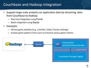 Couchbase and Hadoop Integration
• Support large-scale analytics on application data by streaming data
  from Couchbase to Hadoop
   – Real-time integration using Flume
   – Batch integration using Sqoop
• Examples
   – Various game statistics (e.g., monthly / daily / hourly rankings)
   – Analyze game patterns from users to enhance various game metrics



                                                          memcached
                               Sqoop               TAP    protocol listener/sender
                                                                         engine interface



                                                       Couchbase Storage Engine



                                                                                        6
                                                                                        68
 