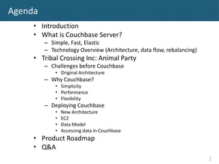 Agenda
     • Introduction
     • What is Couchbase Server?
         – Simple, Fast, Elastic
         – Technology Overvie...