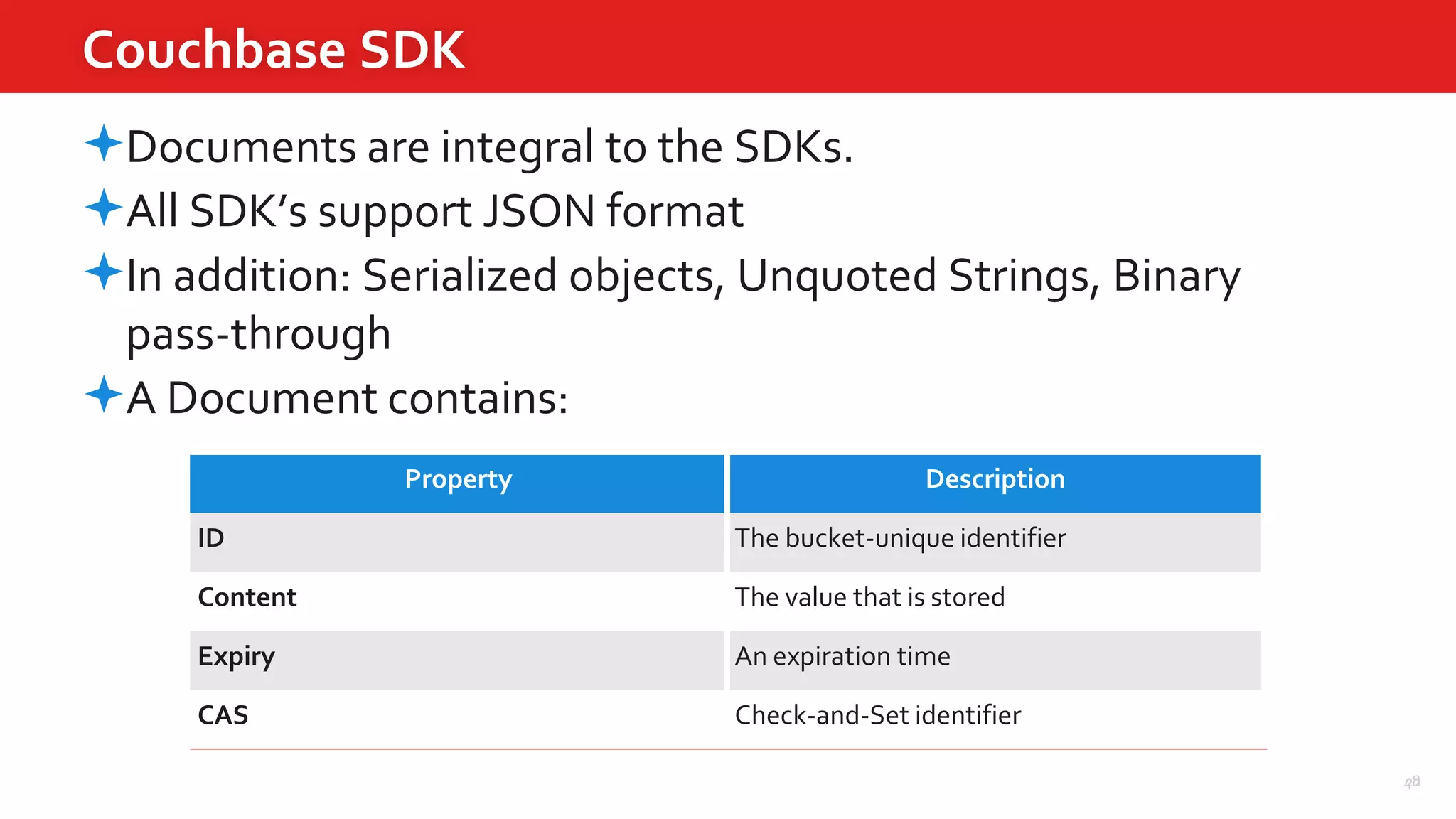 48
Documents are integral to the SDKs.
All SDK’s support JSON format
In addition: Serialized objects, Unquoted Strings, Binary
pass-through
A Document contains:
Couchbase SDK
22
Property Description
ID The bucket-unique identifier
Content The value that is stored
Expiry An expiration time
CAS Check-and-Set identifier
 