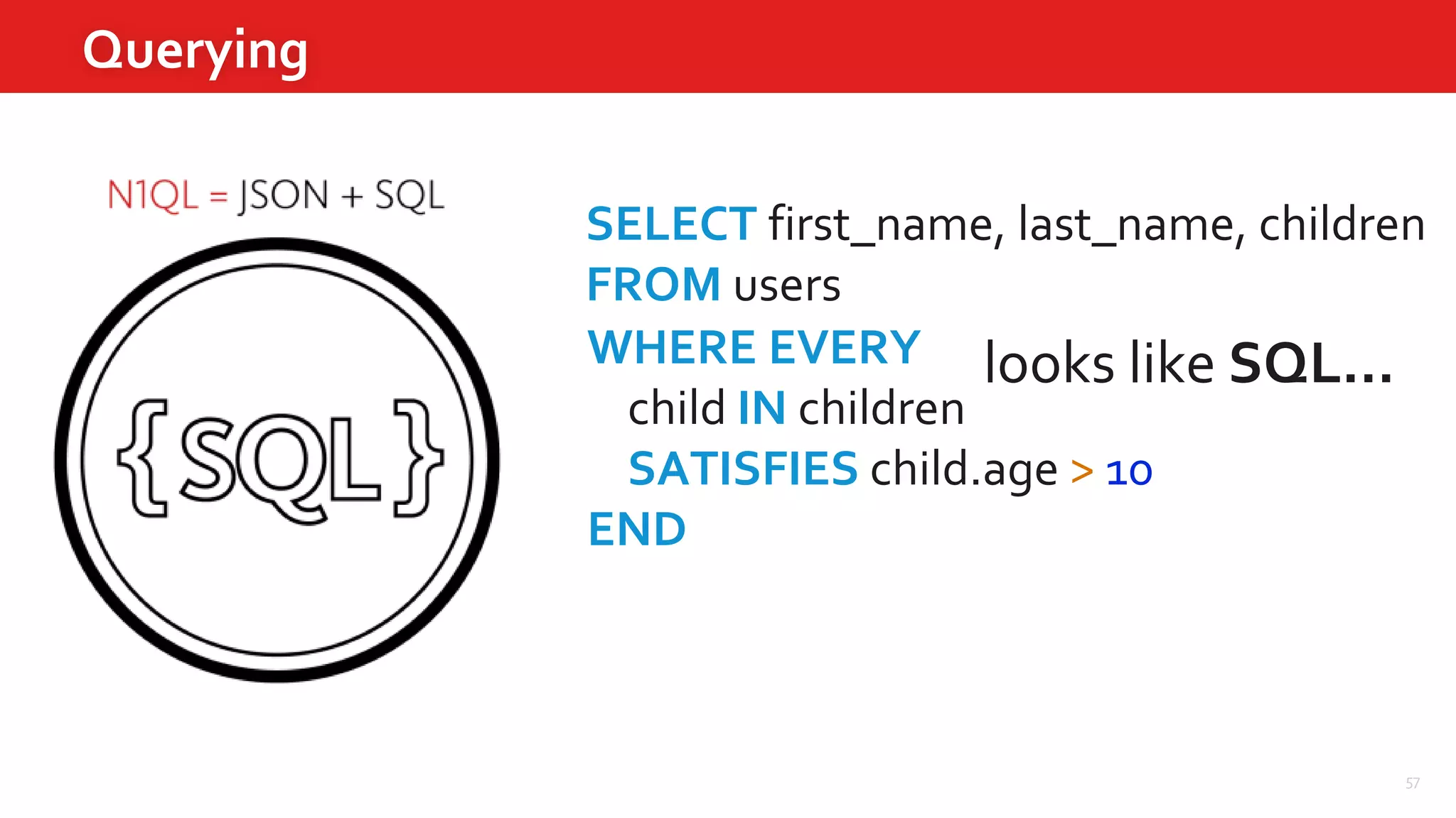 57
Querying
SELECT first_name, last_name, children
FROM users
looks like SQL…WHERE EVERY
child IN children
SATISFIES child.age > 10
END
 