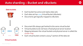 ©2015 Couchbase Inc. 21
Auto sharding – Bucket and vBuckets
 Each bucket has active and replica data sets
 Each data set has 1024Virtual Bucket (vBuckets)
 Documents get logically mapped to vBuckets
 Document IDs always get hashed to the same virtual bucket
 Virtual buckets to do not have a fixed physical server location
 Mapping between the virtual buckets and physical server is called the
cluster map
 Each virtual bucket contains 1/1024th portion of the data set
vB
Data buckets
vB
1 ….. 1024
Virtual buckets
 