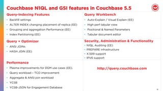 16
Couchbase N1QL and GSI features in Couchbase 5.5
Query-Indexing Features
•  Backﬁll settings
•  ALTER INDEX changing placement of replica (EE)
•  Grouping and aggregation Performance (EE)
•  Index Partitioning (EE)
Query Workbench
•  Auto-Explain / Visual Explain (EE)
•  High perf tabular view
•  Positional & Named Parameters
•  Tabular document editor
Query + Optimizer
•  ANSI JOINs
•  HASH JOIN (EE)
Security, Administration & Functionality
•  N1QL Auditing (EE)
•  PREPARE infrastructure
•  X.509 support
•  IPV6 support
Performance
•  Plasma improvements for DGM use cases (EE).
•  Query workload – TCO improvement
•  Aggregate & ANSI join workload
•  YCSB
•  YCSB-JSON for Engagement Database
http://query.couchbase.com
 