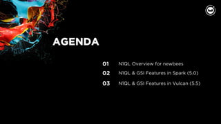 AGENDA
02
03
N1QL & GSI Features in Spark (5.0)
N1QL & GSI Features in Vulcan (5.5)
01 N1QL Overview for newbees
 