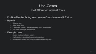 SoT Store for Internal Tools
16
Use-Cases
• For Non-Member facing tools, we use Couchbase as a SoT store.
• Benefits:
• Sc...