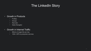 7
The LinkedIn Story
• Growth in Products
• Profiles
• Groups
• Recruiter
• Sales Navigator
• Growth in Internet Traffic
•...