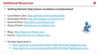 ©2015 Couchbase Inc. 148
Additional Resources
148
§ Getting Started: http://www.couchbase.com/download
§ Couchbase Labs: http://github.com/couchbaselabs
§ Developer Portal: http://developer.couchbase.com
§ General Docs: http://docs.couchbase.com
§ Query Portal: http://query.couchbase.com
§ Blog: http://blog.couchbase.com
§ Forum: http://forums.couchbase.com
§ Sample Applications:
§ https://github.com/couchbaselabs?utf8=%E2%9C%93&query=try
§ https://github.com/couchbaselabs?utf8=%E2%9C%93&query=beer
 