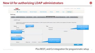 ©2015 Couchbase Inc. 58
New UI for authorizing LDAP administrators
Turn on/off
LDAP
Add UIDs to
read-only admins
Add UIDs to full
admins
Set default behavior
if UID is not mapped
Testing credentials
to verify what level
of access
Plus REST, and CLI integration for programmatic setup
 