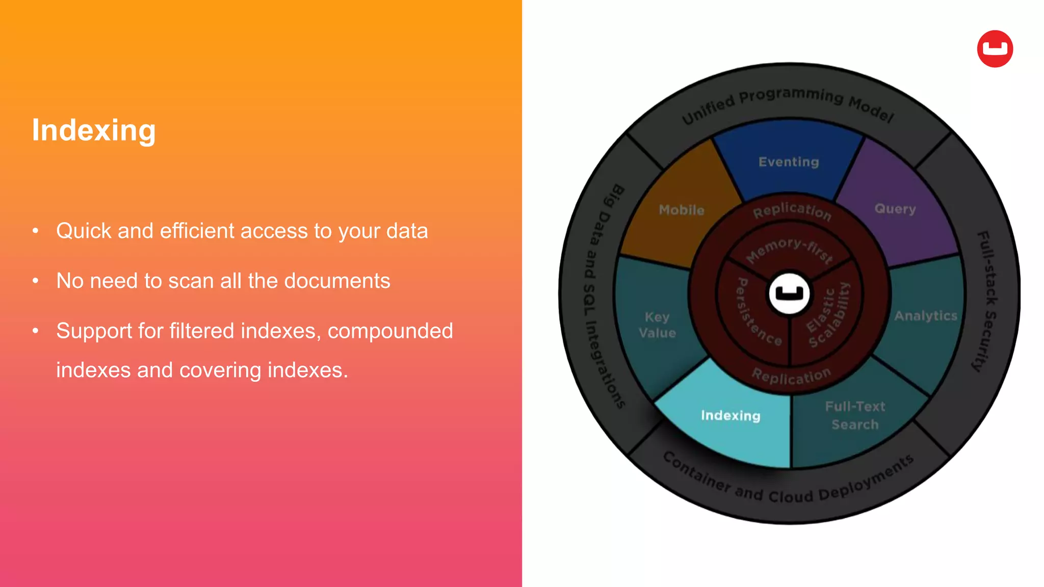 Indexing
• Quick and efficient access to your data
• No need to scan all the documents
• Support for filtered indexes, compounded
indexes and covering indexes.
 