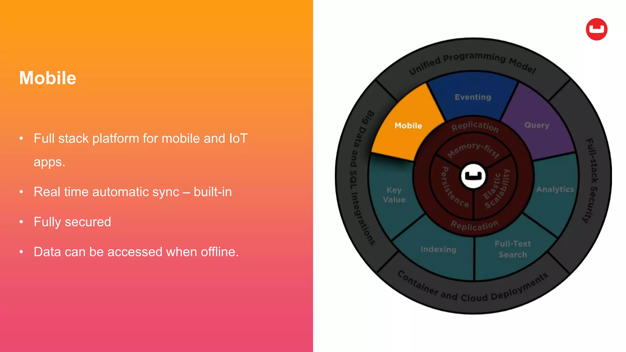Mobile
• Full stack platform for mobile and IoT
apps.
• Real time automatic sync – built-in
• Fully secured
• Data can be accessed when offline.
 