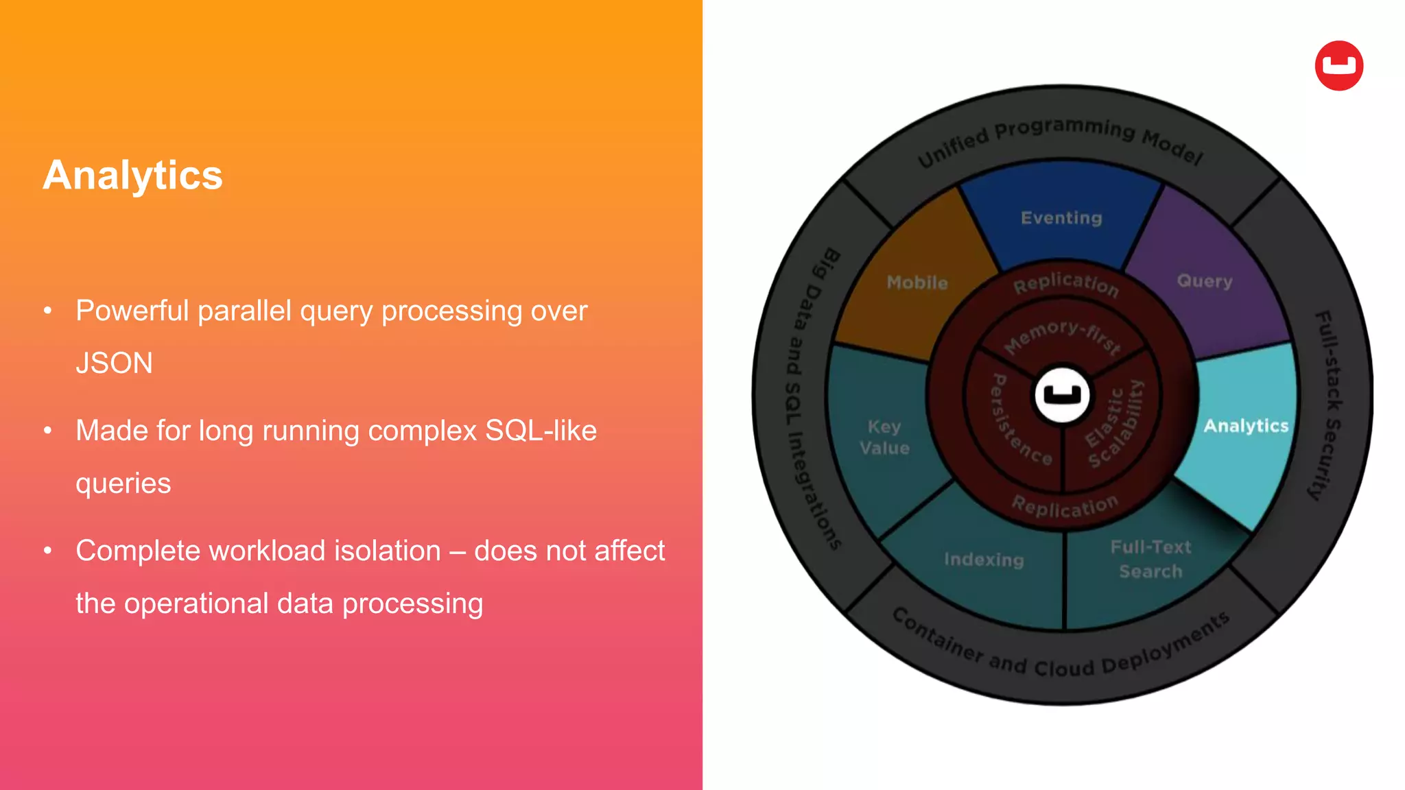 Analytics
• Powerful parallel query processing over
JSON
• Made for long running complex SQL-like
queries
• Complete workload isolation – does not affect
the operational data processing
 