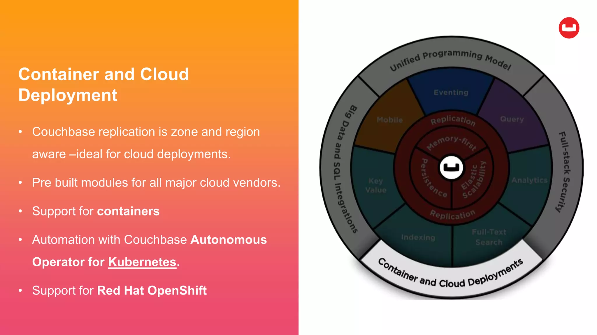 Container and Cloud
Deployment
• Couchbase replication is zone and region
aware –ideal for cloud deployments.
• Pre built modules for all major cloud vendors.
• Support for containers
• Automation with Couchbase Autonomous
Operator for Kubernetes.
• Support for Red Hat OpenShift
 