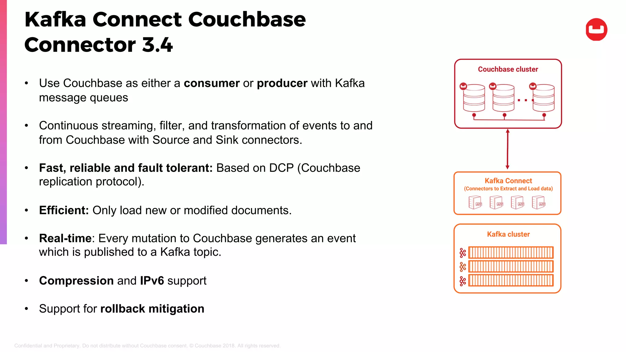 Kafka Connect Couchbase
Connector 3.4
Confidential and Proprietary. Do not distribute without Couchbase consent. © Couchbase 2018. All rights reserved.
• Use Couchbase as either a consumer or producer with Kafka
message queues
• Continuous streaming, filter, and transformation of events to and
from Couchbase with Source and Sink connectors.
• Fast, reliable and fault tolerant: Based on DCP (Couchbase
replication protocol).
• Efficient: Only load new or modified documents.
• Real-time: Every mutation to Couchbase generates an event
which is published to a Kafka topic.
• Compression and IPv6 support
• Support for rollback mitigation
Couchbase cluster
…
Kafka cluster
Kafka Connect
(Connectors to Extract and Load data)
 