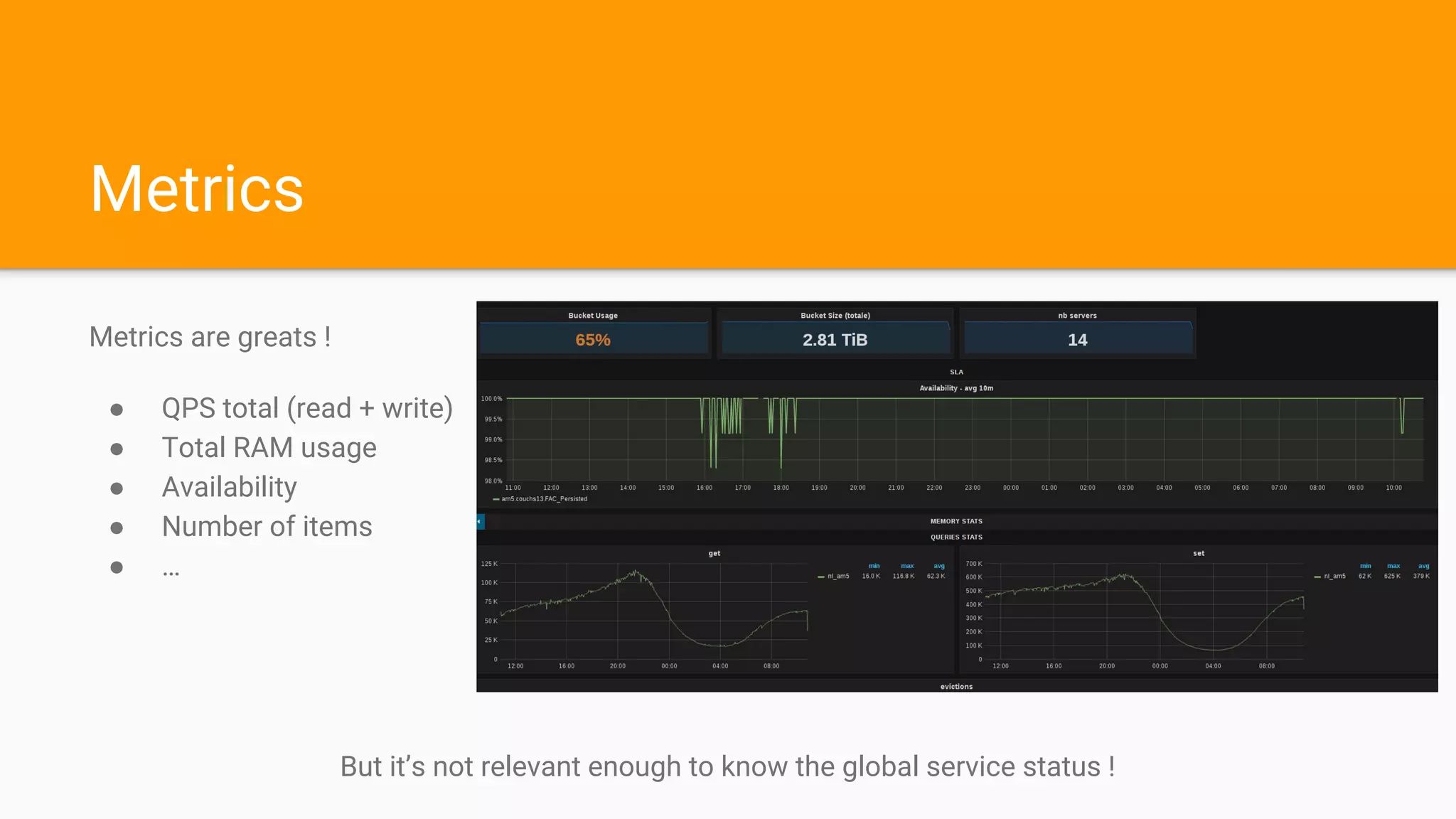 Metrics
Metrics are greats !
● QPS total (read + write)
● Total RAM usage
● Availability
● Number of items
● …
But it’s not relevant enough to know the global service status !
 