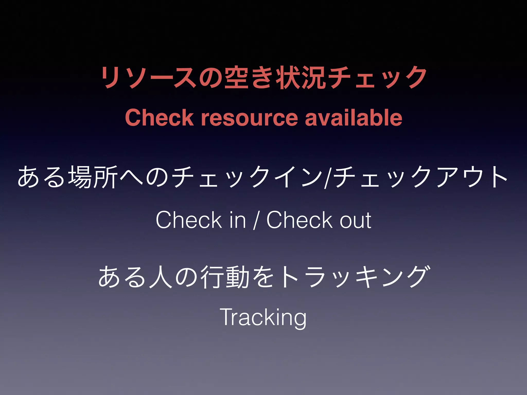 リソースの空き状況チェック!
Check resource available!
!
ある場所へのチェックイン/チェックアウト
Check in / Check out
!
ある人の行動をトラッキング
Tracking
 