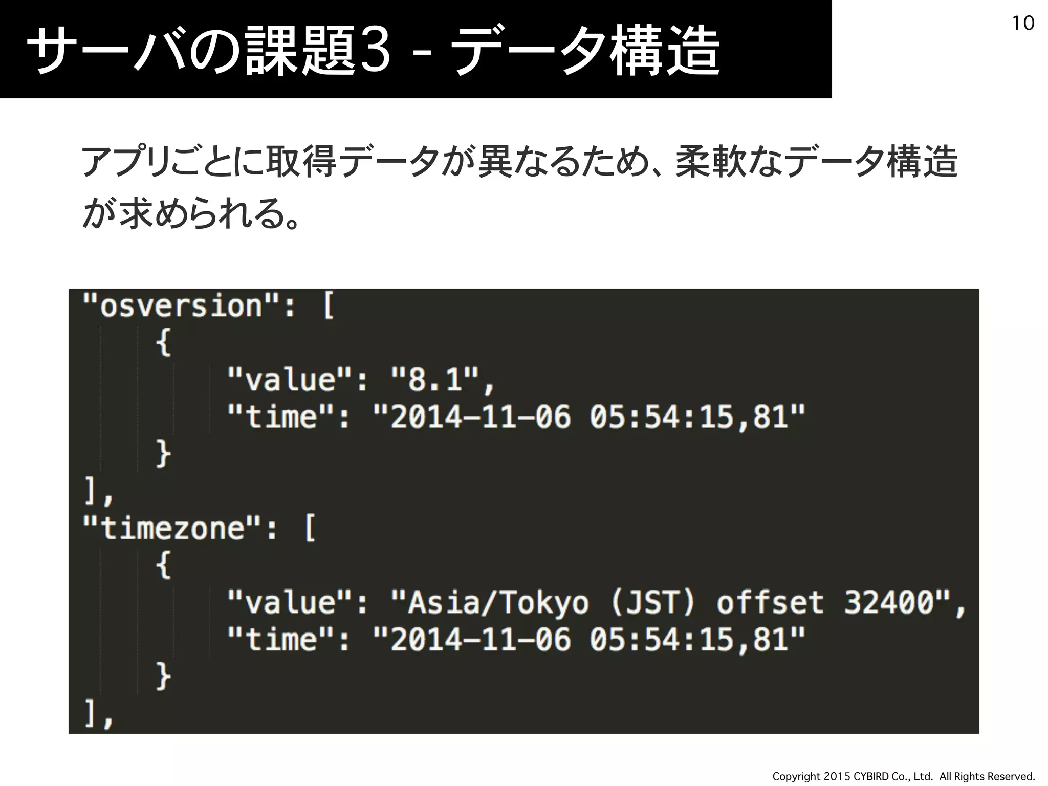 Copyright 2015 CYBIRD Co., Ltd. All Rights Reserved.
サーバの課題3 - データ構造
アプリごとに取得データが異なるため、柔軟なデータ構造
が求められる。
10
 