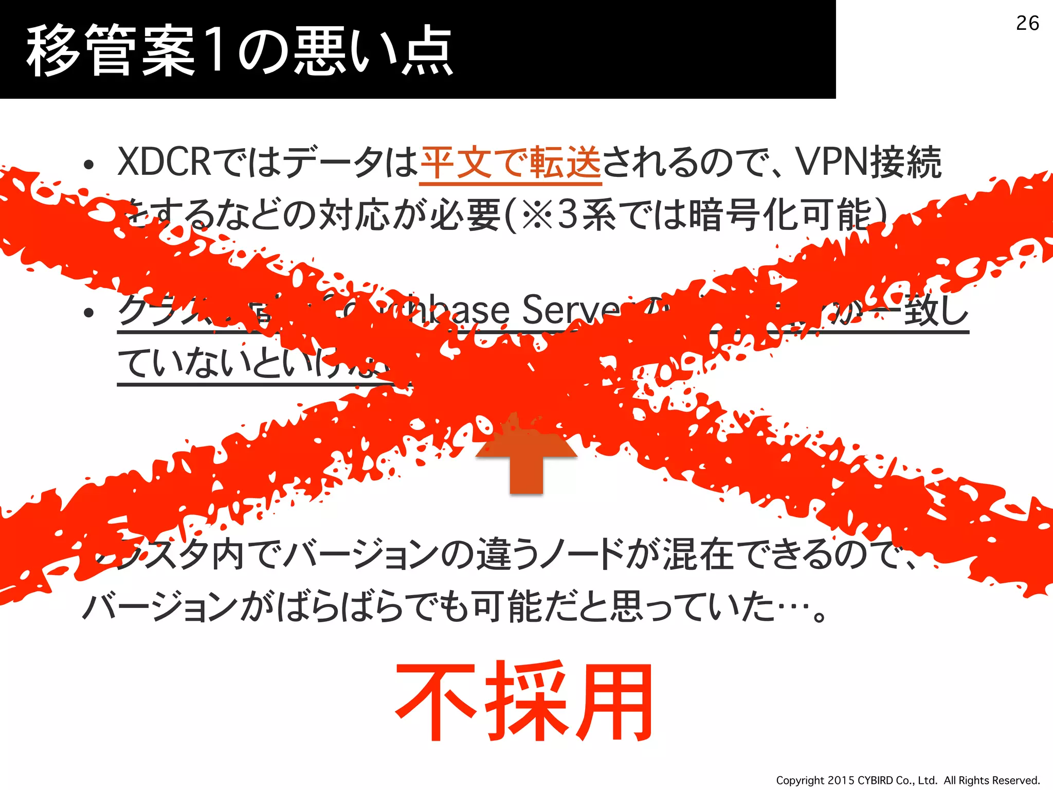 Copyright 2015 CYBIRD Co., Ltd. All Rights Reserved.
移管案1の悪い点
• XDCRではデータは平文で転送されるので、VPN接続
をするなどの対応が必要(※3系では暗号化可能)
• クラスタ間でCouchbase Serverのバージョンが一致し
ていないといけない
クラスタ内でバージョンの違うノードが混在できるので、 
バージョンがばらばらでも可能だと思っていた…。
26
不採用
 