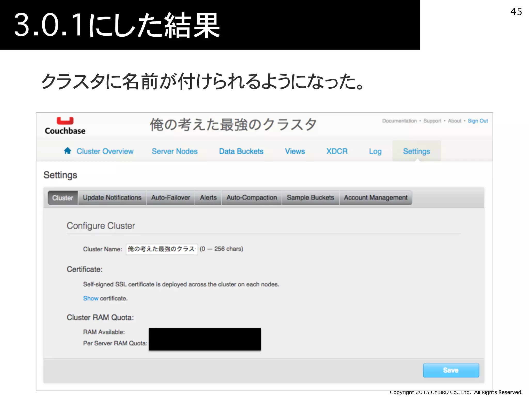 Copyright 2015 CYBIRD Co., Ltd. All Rights Reserved.
3.0.1にした結果
クラスタに名前が付けられるようになった。
45
 