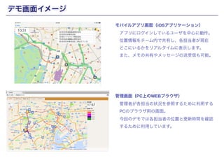 デモ画面イメージ 
Copyright(c) SCSK Corporation 
モバイルアプリ画面（iOSアプリケーション） 
　アプリにログインしているユーザを中心に動作。 
　位置情報をチーム内で共有し、各担当者が現在 
　どこにいるかをリアルタイムに表示します。 
　また、メモの共有やメッセージの送受信も可能。 
　 
管理画面（PC上のWEBブラウザ） 
　管理者が各担当の状況を参照するために利用する 
　PCのブラウザ用の画面。 
　今回のデモでは各担当者の位置と更新時間を確認 
　するために利用しています。 
　 
 