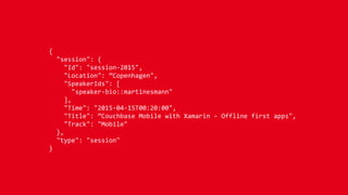 Couchbase Lite
NoSQL mobile database.
Runs in-process.
Small footprint.
 
