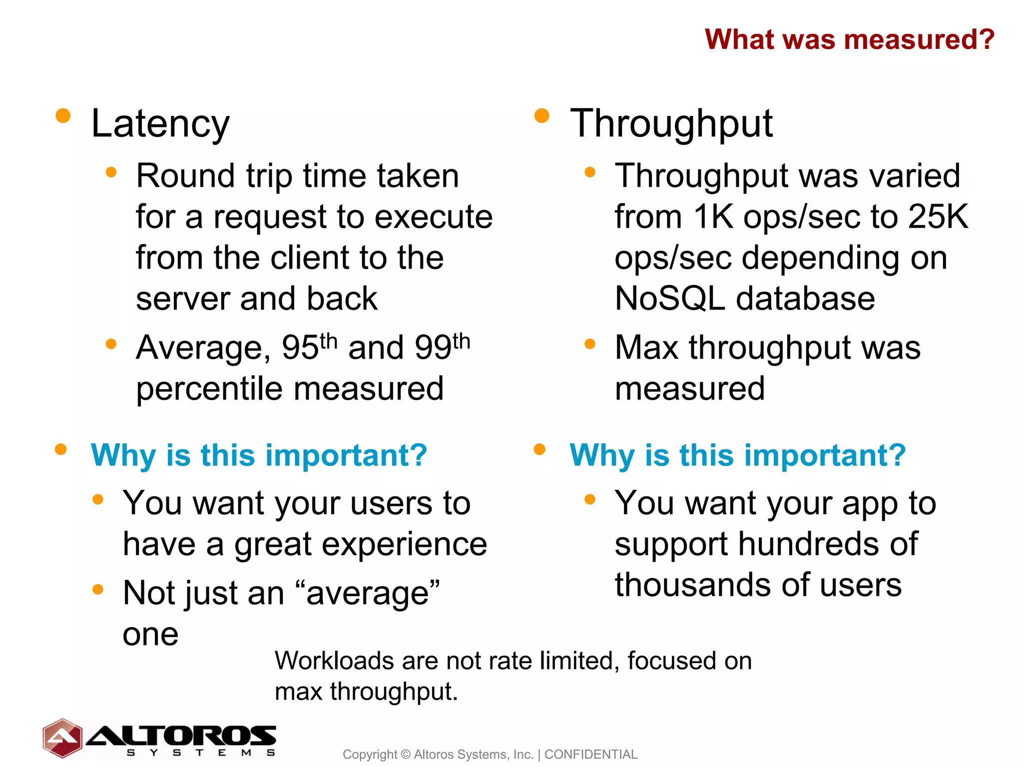 What was measured?


• Latency                                           • Throughput
    • Round trip time taken                                 • Throughput was varied
        for a request to execute                                  from 1K ops/sec to 25K
        from the client to the                                    ops/sec depending on
        server and back                                           NoSQL database
    •   Average, 95th and 99th                              •     Max throughput was
        percentile measured                                       measured
•   Why is this important?                          •     Why is this important?
    • You want your users to                                • You want your app to
        have a great experience                                   support hundreds of
    •   Not just an “average”                                     thousands of users
        one
                 Workloads are not rate limited, focused on
                 max throughput.

                                                                                           9
                      Copyright © Altoros Systems, Inc. | CONFIDENTIAL
 