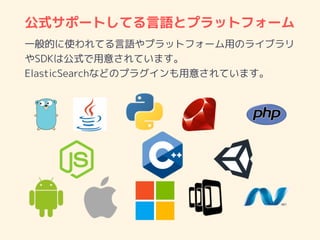 公式サポートしてる言語とプラットフォーム
一般的に使われてる言語やプラットフォーム用のライブラリ
やSDKは公式で用意されています。
ElasticSearchなどのプラグインも用意されています。
 