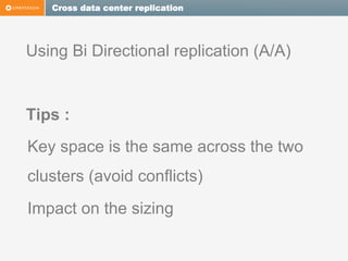Cross data center replication

Using Bi Directional replication (A/A)

Tips :
Key space is the same across the two
clusters (avoid conflicts)
Impact on the sizing

 