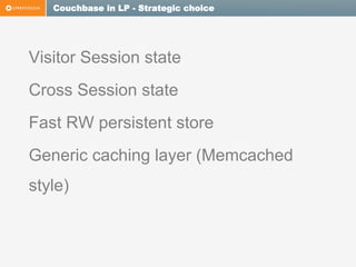 Couchbase in LP - Strategic choice

Visitor Session state
Cross Session state
Fast RW persistent store
Generic caching layer (Memcached
style)

 