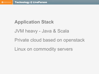Technology @ LivePerson

Application Stack
JVM heavy - Java & Scala
Private cloud based on openstack
Linux on commodity servers

 