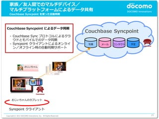 家族／友人間でのマルチデバイス／
   マルチプラットフォームによるデータ共有
   Couchbase Syncpoint を使った自動同期




Couchbase Syncpoint によるデータ同期
                                                                 Couchbase Syncpoint
    - Couchbase Sync プロトコルによるクラ
      ウドとモバイルでのデータ同期
    - Syncpoint クライアントによるオンライ                                     写真   メール   コンタクト   予定
      ン／オフライン時の自動同期サポート




                            写真




      おじいちゃんのタブレット


   Syncpoint クライアント
Copyright © 2012 DOCOMO Innovations, Inc. All Rights Reserved.                            15
 