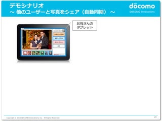 デモシナリオ
   ～ 他のユーザーと写真をシェア（自動同期） ～

                                                                 お母さんの
                                                                 タブレット
                                                       お母さんの写真


                                                        撮影した写真


                                                        おじいちゃん


                                                           息子




Copyright © 2012 DOCOMO Innovations, Inc. All Rights Reserved.           20
 