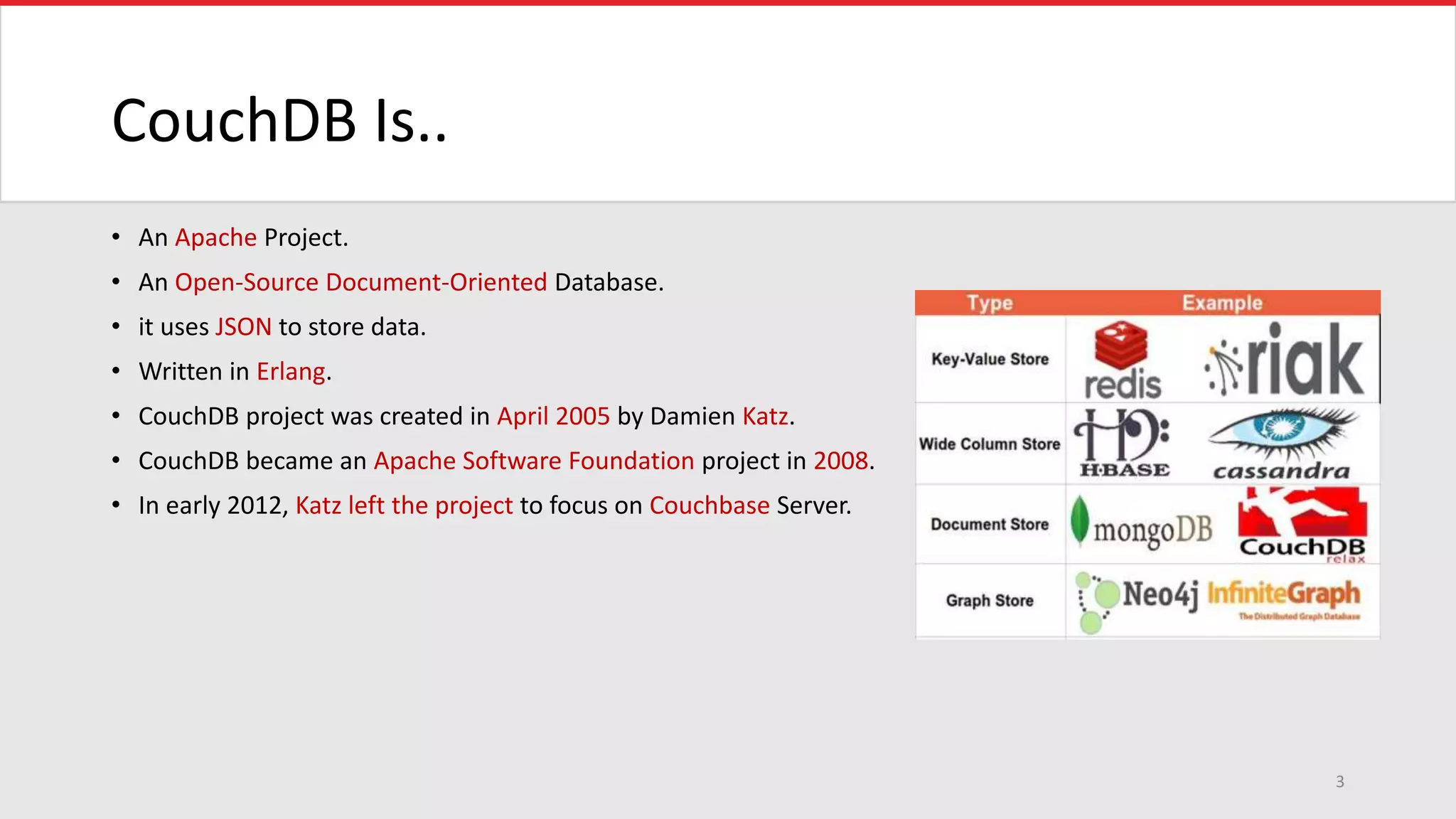 CouchDB Is..
• An Apache Project.
• An Open-Source Document-Oriented Database.
• it uses JSON to store data.
• Written in Erlang.
• CouchDB project was created in April 2005 by Damien Katz.
• CouchDB became an Apache Software Foundation project in 2008.
• In early 2012, Katz left the project to focus on Couchbase Server.
3
 