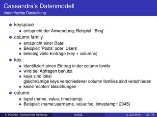 Cassandra’s Datenmodell
Vereinfachte Darstellung


      keyspace
              entspricht der Anwendung; Beispiel: ’Blog’
      column family
              entspricht einer Datei
              Beispiel: ’Posts’ oder ’Users’
              beliebig viele Einträge (key + columns)
      key
              identiﬁziert einen Eintrag in der column family
              wird bei Abfragen benutzt
              keys sind lokal
              gleichnamige keys verschiedener column families sind verschieden
              keine ’echten’ Beziehungen
      column
              tupel (name, value, timestamp)
              Beispiel: {name:username, value:foo, timestamp:12345}

K. Puschke (Vortrag HAW Hamburg)        NoSQL                    3. Juni 2010   26 / 79
 