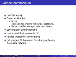Graphendatenbanken


      InfoGrid, neo4j, . . .
      Daten als Graphen
              Knoten
              eigenständige Objekte wie Kunde, Bestellung,. . .
              Kanten sind Beziehungen zwischen Knoten
      schematisiert oder schemafrei
      Kanten sind “ﬁrst class objects”
      häuﬁge Operation: Traversierung
      gut geeignet für komplexe Beziehungsgeﬂechte
      z.B. social network




K. Puschke (Vortrag HAW Hamburg)        NoSQL                     3. Juni 2010   30 / 79
 